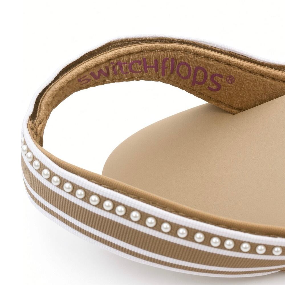 •  Y2K Switchflops Tan Striped Pearl Wedges Sz 9 - Picture 3 of 6